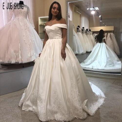E JUE SHUNG Elegant Simple Satin Wedding Dresses Off the Shoulder Button Back Beaded Sashes Custom Bridal Gown Vestios De Novia