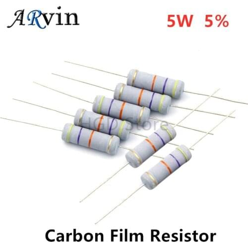 10pcs 5W Carbon Film Resistor 5% 1R ~ 1M 2.2R 10R 22R 47R 51R 100R 150R 470R 1K 4.7K 10K 47K 1 2.2 10 22 47 51 100 150 470 Ohm