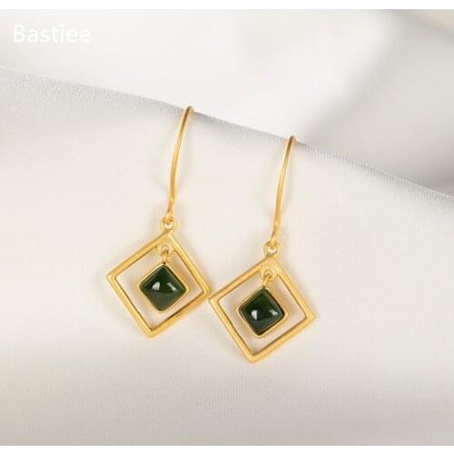 Bastiee Korean Earrings Earrings Silver 925 Jewelry For Women Jade Golden Plated Long Earrings Vintage Silver Earrings