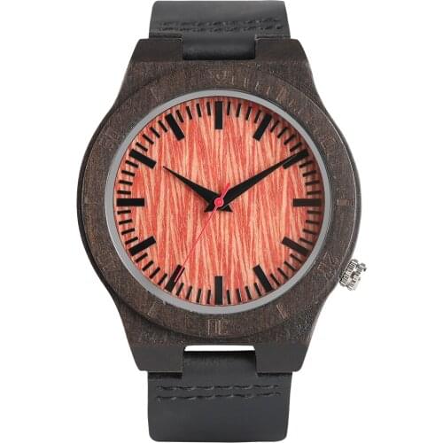 Quartz Wooden Watch for Men Red Dial without Numeral Wooden Watches Leather Band with Pin Buckle Wristwatch for Husband