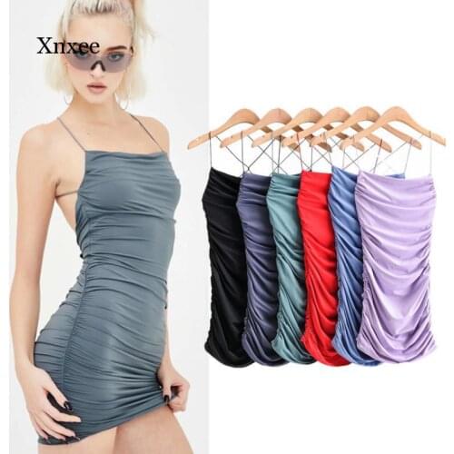 Candy Color Ruched Mini Dresses Slim Backless Tie Cross Vestido Casual Fashion Spaghetti Strap Summer Dress