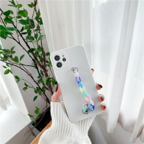 Fashion Candy Color Wrist Strap Phone Case for iPhone 12 12 Girls Silicone Cover with Chain for iPhone 11/7/8/XS/X/XR Shell