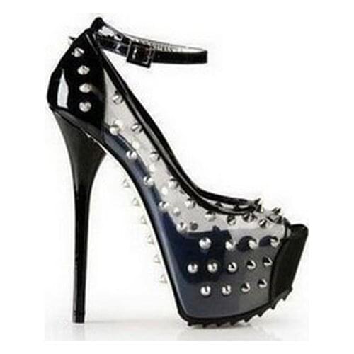 2017 Summer new transparent PVC rivets studded super high heels peep toe pumps for woman black patent leather ankle wrap sandals