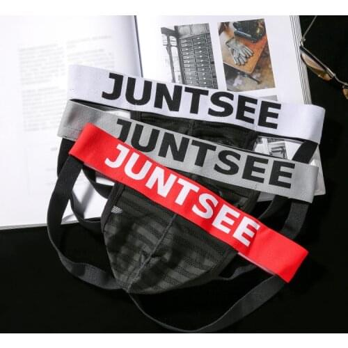 Juntsees new mens underwear perspective mesh sexy thong personality big pouch hollow double Ding Chao T pants