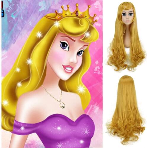 Anime 80CM Long Wigs Princess Aurora Wig Long Golden Wavy Styled Bangs Heat Resistant Synthetic Hair Cosplay Costume Wigs