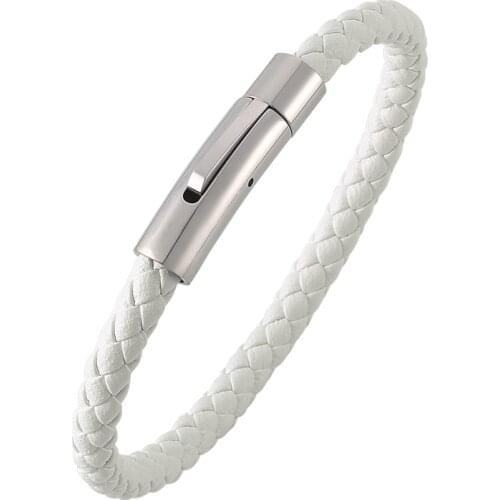 Simple Style White Braided Leather Bracelet Men Women Jewelry Stainless Steel Exquisite Snaps Fashion Bracelets & Bangles PH517