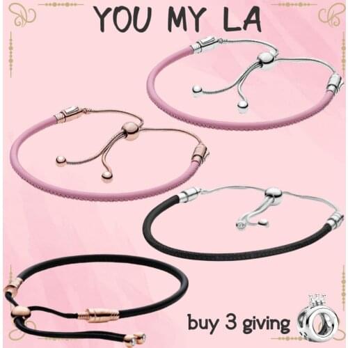 Hot Sale Real 100% 925 Sterling Silver Pando Leather Bracelet Adjustable Bangle For Women Fit Original DIY Charm Jewelry