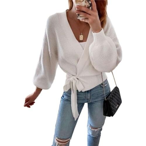 Women Sweater V-Neck Cardigan Lace Up Bow Sweater Solid Color Females Coat White Purple Grey Apricot