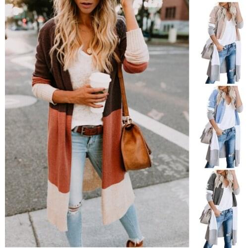 Autumn Sweater Women Long Sleeve Patchwork Knitted Open Front Rainbow Striped Cardigan Women Coat sueter mujer invierno 2020