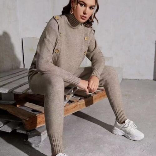 Stylish Double Buttons Front Sweater For Women Loose Oversized Knit Jumper Top Wide Leg Pants Two Pieces Set