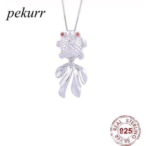 Pekurr 925 Sterling Silver Long Tail Goldfish Necklaces For Women Red Eye Fish Animal Pendants Fashion Jewelry 3 Size