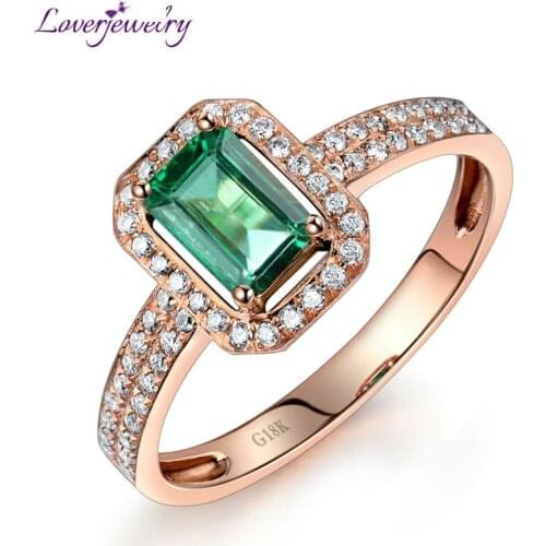 LOVERJEWELRY Emerald Vintage Ring Women Jewelry Emerald Cut 4x6mm Emerald Gemstone Genuine Diamonds Solid 18Kt Rose Gold Rings