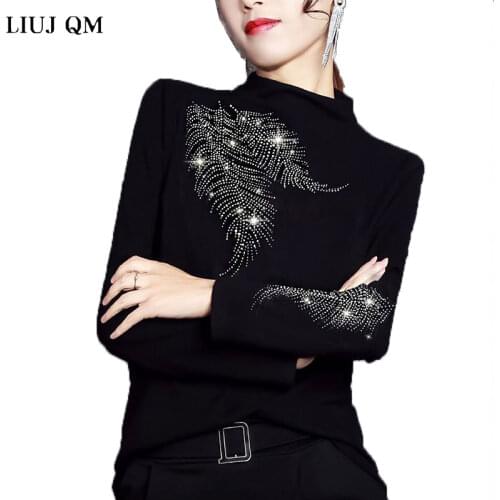 Winter T Shirt Women Plus Velvet Half-high Collar Bottoming Shirt Women Diamond Fashion European Slim Long-sleeved Tshirt Women