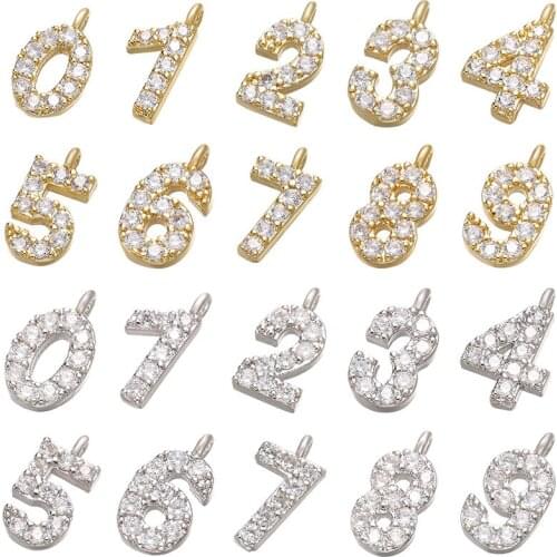 10 pcs/set Cubic Zircon Digital Number Small Custom Charm Pendants Classic Simple Gold Color Copper Charm DIY Jewelry Making