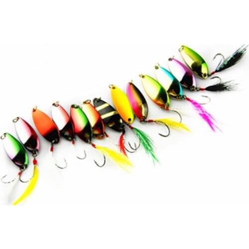 100pcs fishing metal spoon lure baits, pond freshwater fishing tackle lure , feather hooks jig hairy metal lure spoon