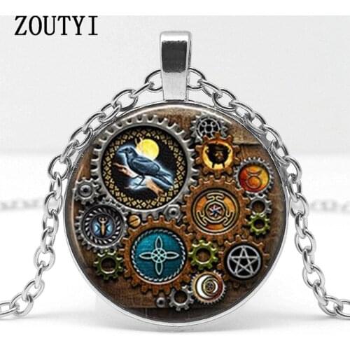 2018/ hot sale, retro steampunk inspired necklace, gear clock pattern glass pendant necklace wear jewelry