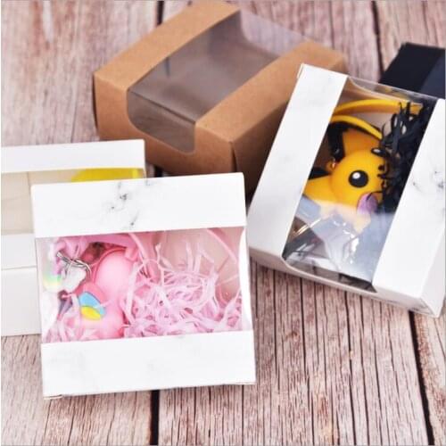 50pcs 8x8x3.5cm Small Gift Paper Box With Transparent PVC Window Flower Dolls Packaging Box Jewelry Cardboard Paper Gift Box