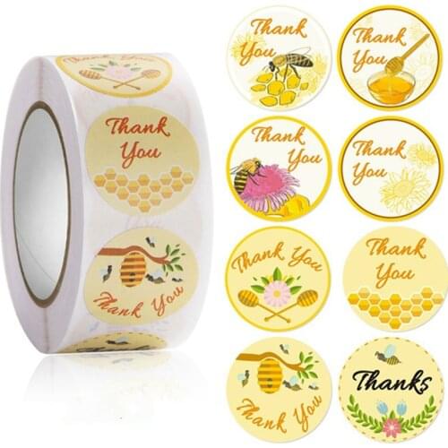 500PCS Honey Bee Thank You Stickers Decor Thanksgiving Day Circle Roll Seal Label Chrome Paper Wedding Small Business Gift Tag