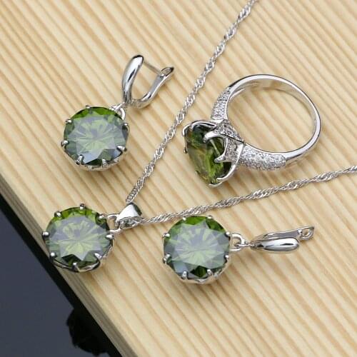 925 Sterling Silver Bridal Jewelry Sets Big Olive Green Cubic zirconia Jewelry Kits For Women Earrings/Pendant/Ring/Necklace Set