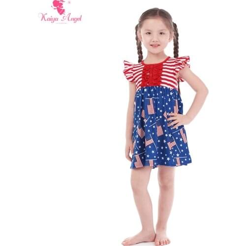Kaiya Angel Kids Dresses For Girls Striped Sleeveless Tops Flag Star Printed Bottom Toddler Girls Summer Clothes Accept Custom