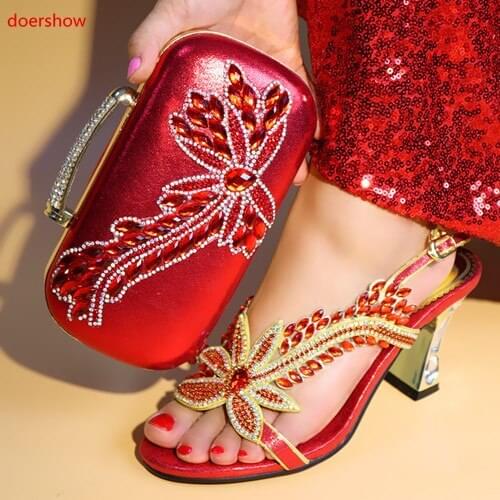 Doershow Latest Design Matching Italian Shoe and Bag Set.red Wedding and Party African Shoes and Bag Set for Party SJS1-5