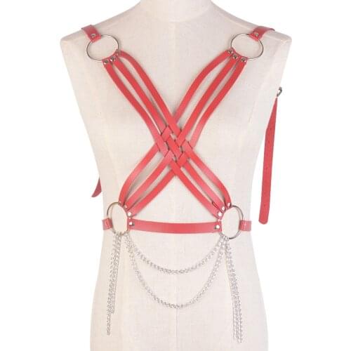 European Punk Style MUlti-layered Cross Shoulder Harness Leather Waist Belts Body Bondages Adjustable PU Bra Chain Suspenders