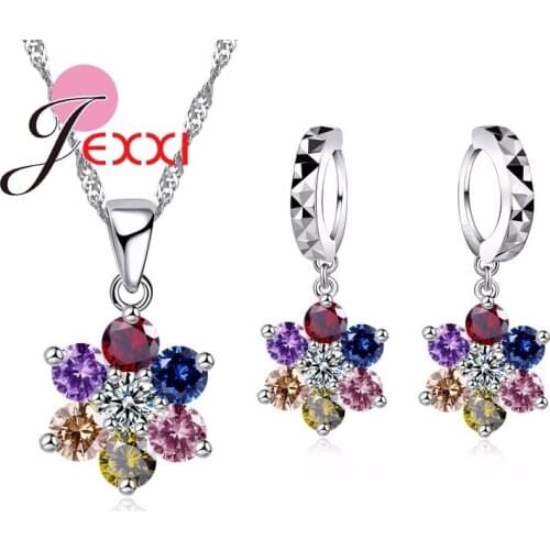 Trendy Multi Color Cubic Zircon Flower Necklace Crystal Drop Earrings 925 Sterling Silver Jewelry Sets For Women Wedding