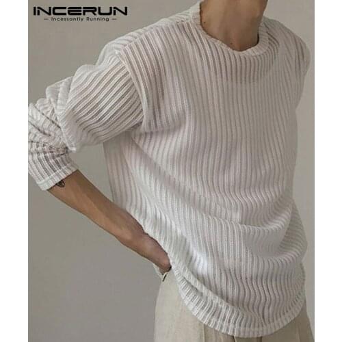 Men Striped T Shirt O-neck Long Sleeve Streetwear Casual Thin Tee Tops 2021 See Through Breathable Camiseta Hombre INCERUN S-5XL
