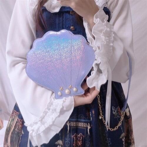 Lolita Women Lovely PU Handbags Pearl Shoulder Bag Harajuku Sea Shell Shape Girls Crossbody Bag Bolsas Girl Chain Messenger Bags