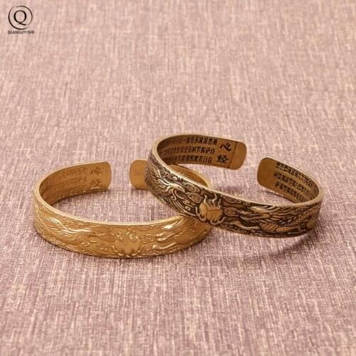 Retro Brass Dragon Phoenix Pattern Princess Bangle Classic Pure Copper Open Bracelet Ancient Women Wristband Valentines Gifts