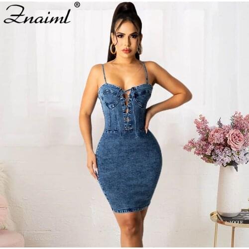 Znaiml Sexy Denim Dress For Women Streetwear Lace Up Sling Sleeveless Backless Solid Lady Summer Bodycon Strapless Mini Dress