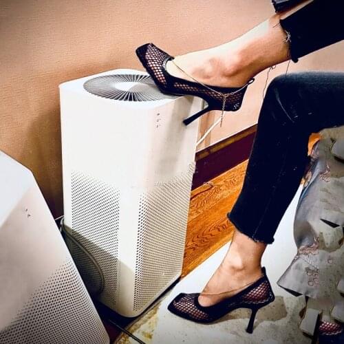 Hollow Mesh Summer Shoes Square Toe Metal Decor Breathable Sandals Slip On Stiletto High Heels Popular Pumps Air Mesh Black Nude