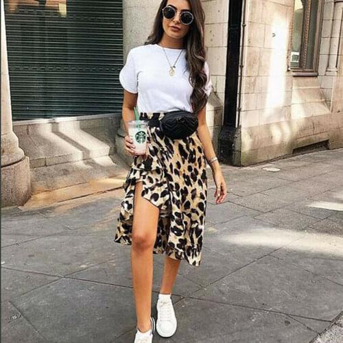Leopard Skirt Women Fashion Sexy Wrap Over Asymmetrical Calf Length Skirt Ladies Summer Casual High Waist Slim Skirts Sundress