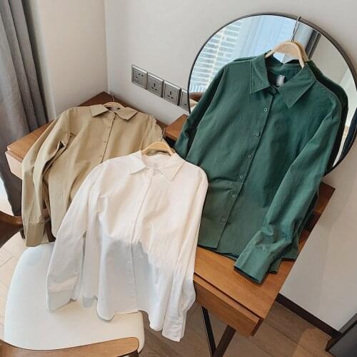 2021 Spring Autumn Womens Green Cotton Basic Shirts Blouses Casual Plain Oversize Woman Top Tunics Korean Clothing Cardigan Za