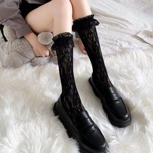 Women Japanese Black and White Jk Lolita Cute Kawaii Lace Pattern Calf Socks Knee High Tights Stockings Pantyhose