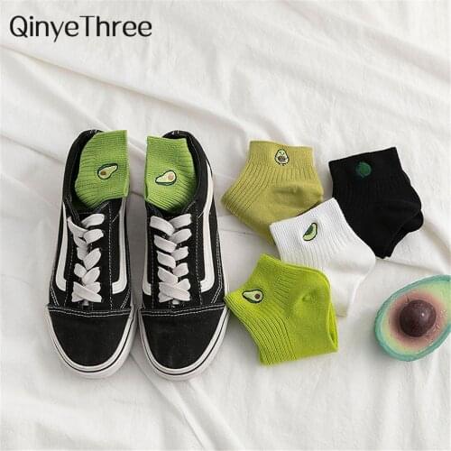 Women Solid Avocado Embroidery Socks Casual Joker Cotton Short Socks For Ladies Concise College Style Breathable Sox Trendy