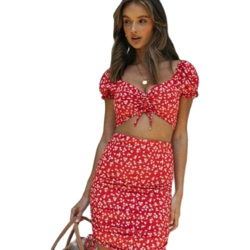 2021 Summer New Casual Womens Sexy Lace-Up Top Two-Piece Pleated Lace-Up Skirt Suit