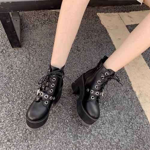 Winter Lace Up Shoes Chunky Boots Women High Heels Black Leather 2020 New Snow punk shoes winter boots Platform Wedge YMB18