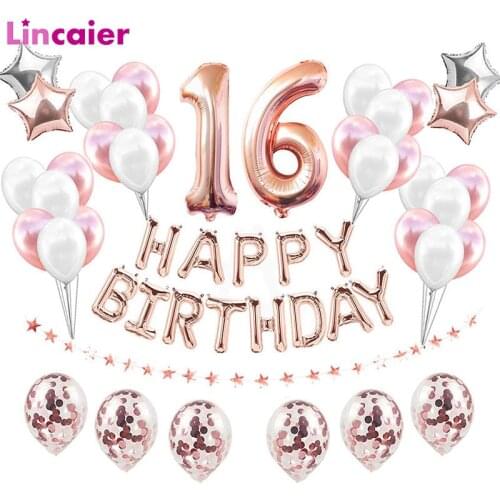 38pcs Happy Birthday Sweet 16 Party Decorations Balloons Number 16th Years Old Boy Girl Sixteen Anniversary Supplies