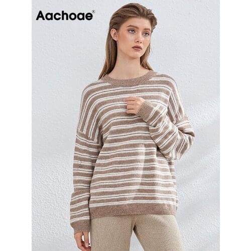 Aachoae O Neck Striped Sweater Batwing Long Sleeve Loose Pullover Sweater Women Casual Office Knitted Ladies Tops Pull Femme