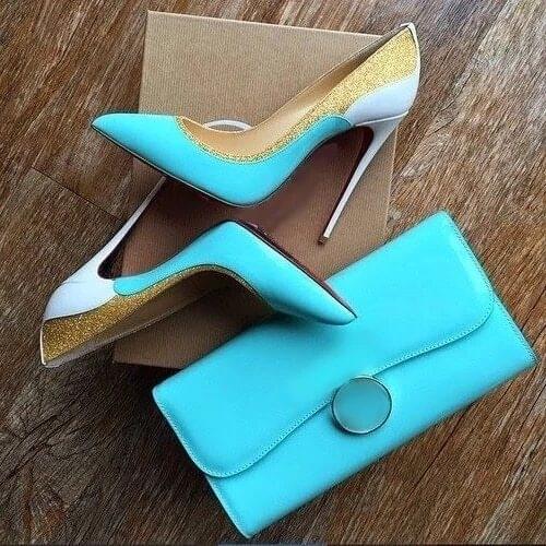 Glitter Patchwork Dress Shoes Mixed Blue White Patent Leather Stiletto Heels Wedding Shoes Pointed Toe 12cm Women Pumps