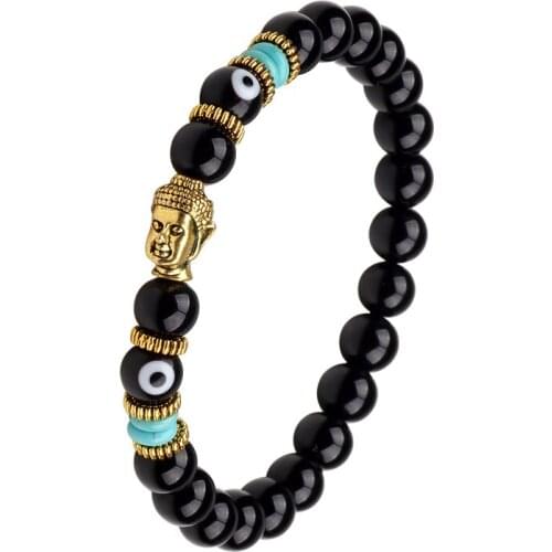 Buddha-Evil-Eye Bracelet Women Elastic Round Bright Black Stone Chakra Bracelets Men Homme