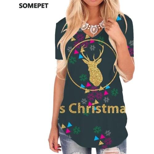 SOMEPET Christmas T Shirt Women Deer Shirt Print Animal T-shirts 3d Snowflake V-neck Tshirt Womens Clothing Hip hop Casual Tops