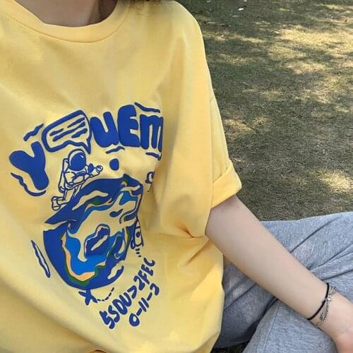 Short-Sleeved T-Shirt Women 2021 Summer New Korean Style Simple Earth Pattern Foam Printing Loose Blouse