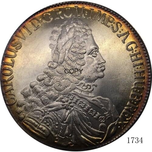1734 Coin Austria Charles VI Holy Roman Emperor 1 Thaler Metal Cupronickel Plated Silver Carved Casting Replica Souvenir Coins