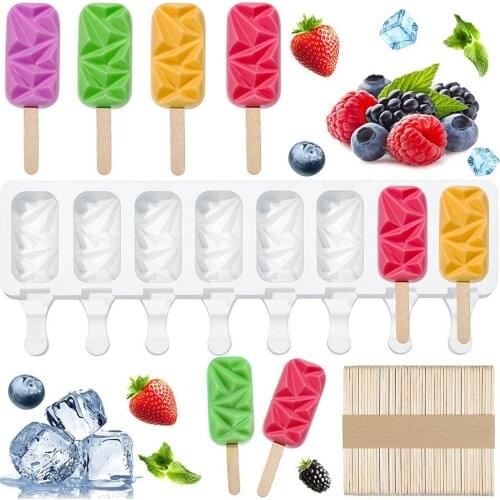 Diamond Cream Silicone Mould 8 cavities cakesicle maker 50PCS Wooden Sticks Easy To Home-made Popsicles Mould Tray