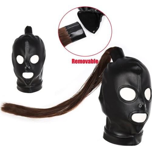 BDSM Sex Slave SM Mask Unisex PU Leather Bondage Mask Hood With Removable Wigs Restraint Headgear Fetish Cosplay Mask Sex Toys