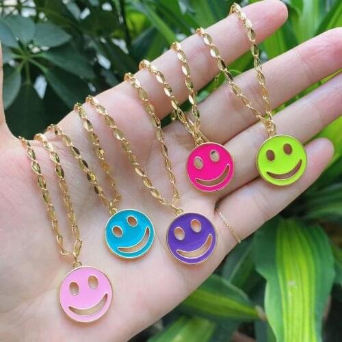 5Pcs Trendy Gold Plated Colorful Smiley Face Charm Necklace Enamel Round Pendant Necklaces For Women Gift