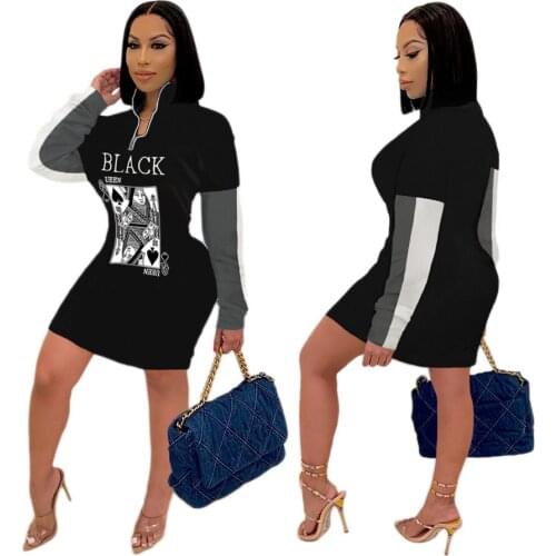 Casual Bodycon Mini Dress Poker Q Printed Zipper Turtleneck Dresses Plus Size S-3XL Spring Summer 2021 Women Fashion Clothes