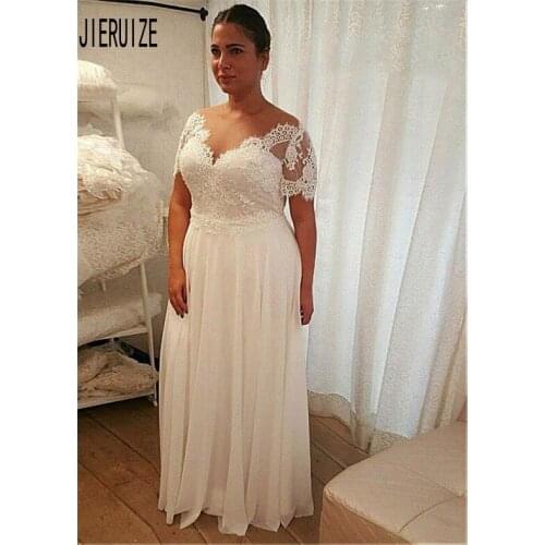 E JUE SHUNG Simple Bridal Dress Wedding Gown Short Sleeve V Neck Plus Size Wedding Dress Lace Appliques Wedding Dresses